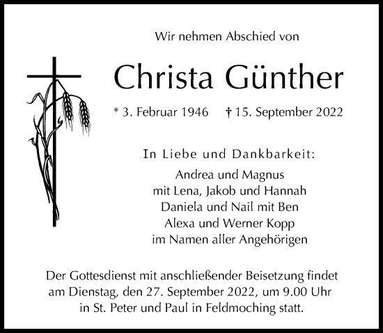 Traueranzeige von Christa Günther von Mittelschwäbische Nachrichten