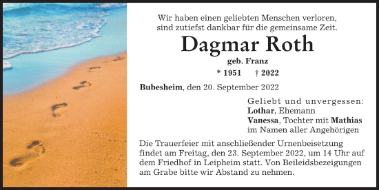 Traueranzeige von Dagmar Roth von Günzburger Zeitung