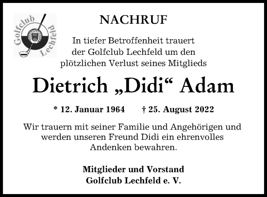 Traueranzeige von Dietrich Adam von Augsburger Allgemeine