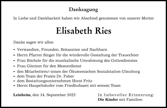 Traueranzeige von Elisabeth Ries von Günzburger Zeitung
