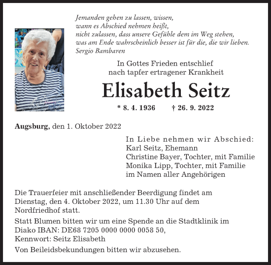 Traueranzeige von Elisabeth Seitz von Augsburger Allgemeine