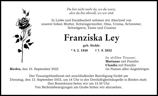 Traueranzeige von Franziska Ley von Günzburger Zeitung