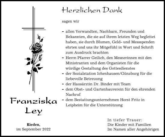 Traueranzeige von Franziska Ley von Günzburger Zeitung