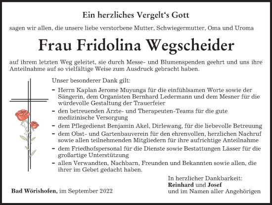 Traueranzeige von Fridolina Wegscheider von Mindelheimer Zeitung