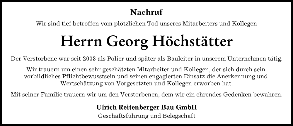  Traueranzeige für Georg Höchstätter vom 27.09.2022 aus Donauwörther Zeitung, Wertinger Zeitung, Donau Zeitung, Augsburger Allgemeine