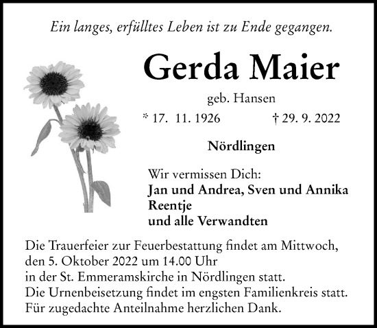 Traueranzeige von Gerda Maier von Rieser Nachrichten