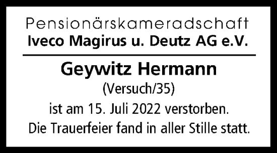 Traueranzeige von Geywitz Hermann von Illertisser Zeitung, Günzburger Zeitung, Neu-Ulmer Zeitung