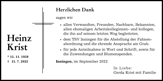 Traueranzeige von Heinz Krist von Augsburger Allgemeine