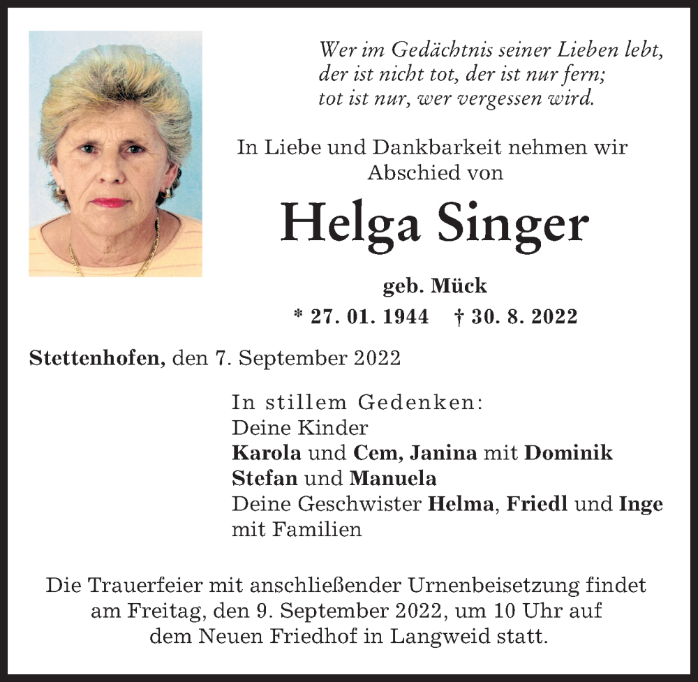  Traueranzeige für Helga Singer vom 07.09.2022 aus Augsburg-Land