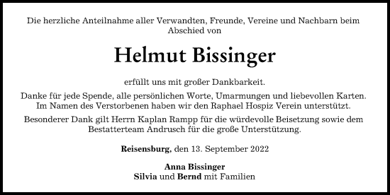 Traueranzeige von Helmut Bissinger von Günzburger Zeitung