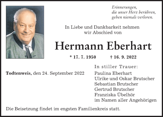 Traueranzeige von Hermann Eberhart von Augsburger Allgemeine