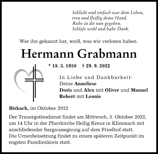 Traueranzeige von Hermann Grabmann von Schwabmünchner Allgemeine