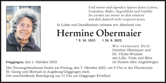 Traueranzeige von Hermine Obermaier von Donauwörther Zeitung, Augsburger Allgemeine