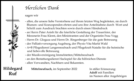 Traueranzeige von Hildegard Ruf von Schwabmünchner Allgemeine, Mindelheimer Zeitung