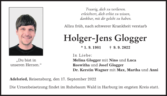 Traueranzeige von Holger-Jens Glogger von Donau Zeitung, Augsburg-Land, Augsburger Allgemeine, Günzburger Zeitung