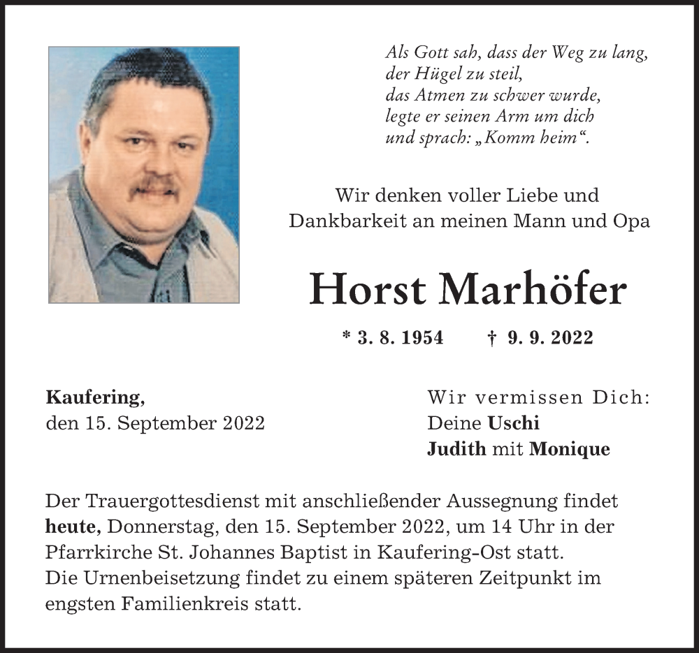 Traueranzeige für Horst Marhöfer vom 15.09.2022 aus Landsberger Tagblatt