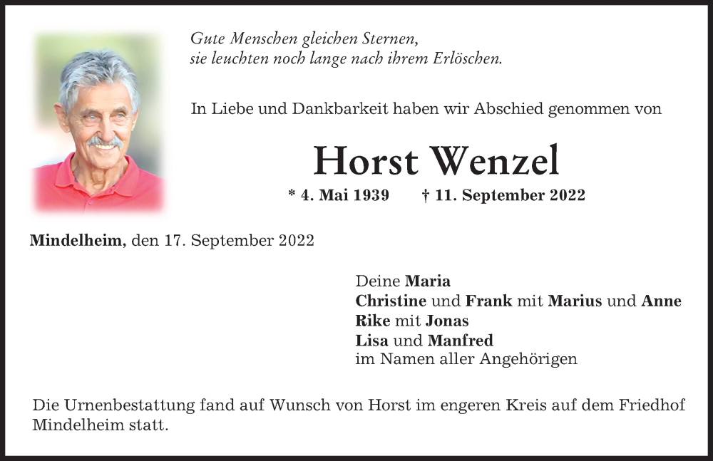  Traueranzeige für Horst Wenzel vom 17.09.2022 aus Mindelheimer Zeitung