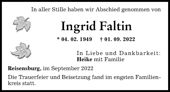 Traueranzeige von Ingrid Faltin von Günzburger Zeitung