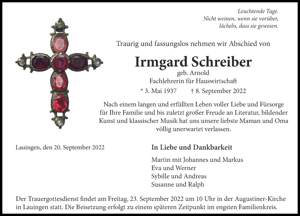  Traueranzeige für Irmgard Schreiber vom 20.09.2022 aus Donau Zeitung