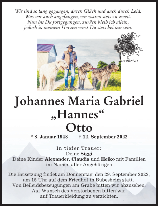 Traueranzeige von Johannes Maria Gabriel Otto von Günzburger Zeitung