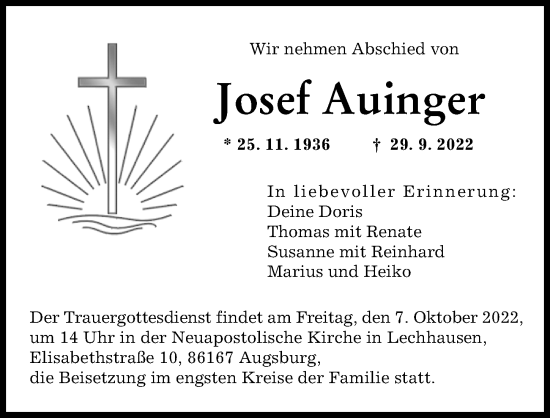 Traueranzeige von Josef Auinger von Augsburger Allgemeine