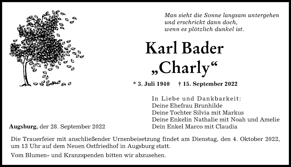  Traueranzeige für Karl Bader vom 28.09.2022 aus Augsburger Allgemeine