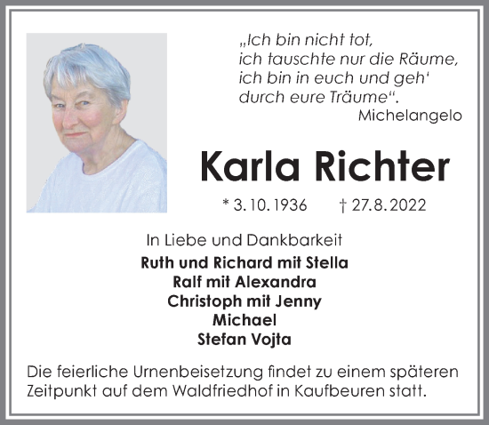 Traueranzeige von Karla Richter von Mindelheimer Zeitung