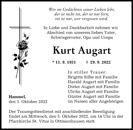 Traueranzeige von Kurt Augart von Augsburger Allgemeine