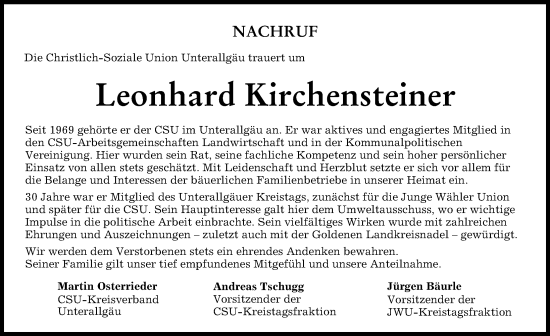Traueranzeige von Leonhard Kirchensteiner von Augsburger Allgemeine, Mindelheimer Zeitung