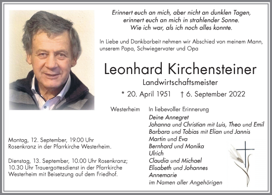 Traueranzeige von Leonhard Kirchensteiner von Mindelheimer Zeitung, Augsburger Allgemeine