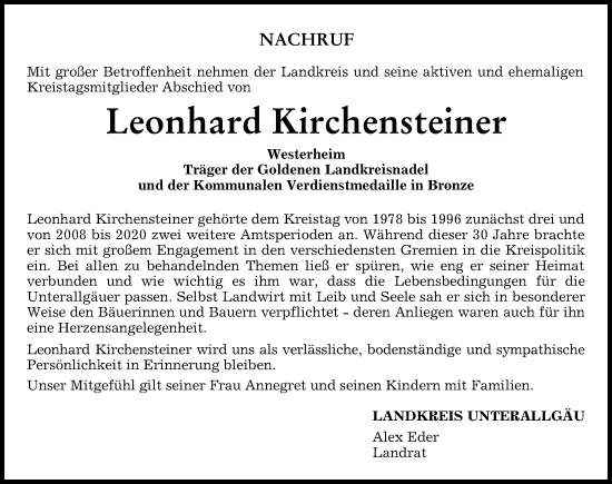Traueranzeige von Leonhard Kirchensteiner von Augsburger Allgemeine, Mindelheimer Zeitung