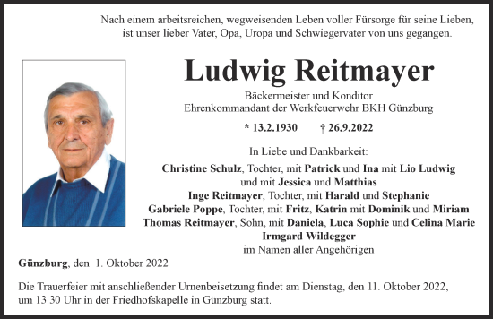 Traueranzeige von Ludwig Reitmayer von Günzburger Zeitung