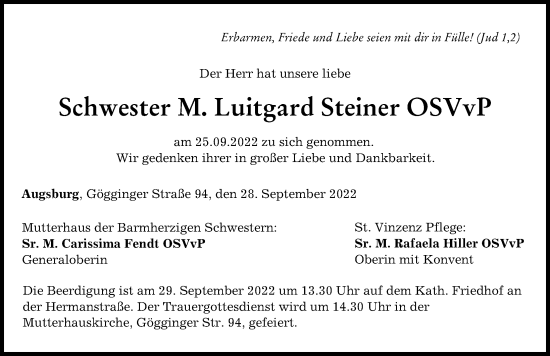 Traueranzeige von Luitgard Steiner von Augsburger Allgemeine