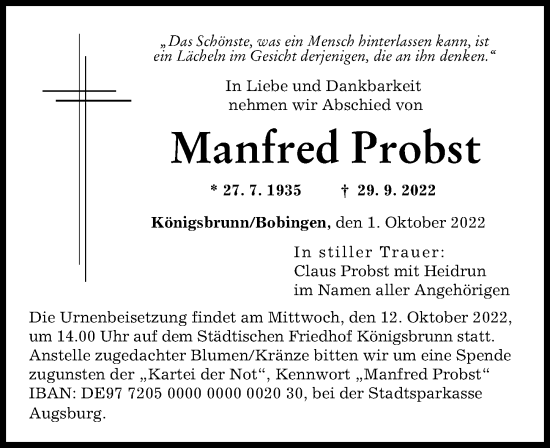 Traueranzeige von Manfred Probst von Augsburger Allgemeine
