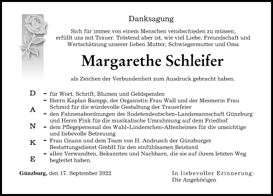 Traueranzeige von Margarethe Schleifer von Günzburger Zeitung