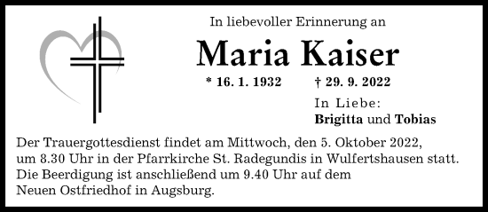 Traueranzeige von Maria Kaiser von Friedberger Allgemeine