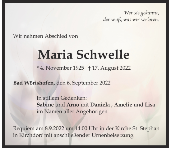 Traueranzeige von Maria Schwelle von Mindelheimer Zeitung