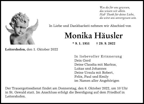 Traueranzeige von Monika Häusler von Augsburger Allgemeine