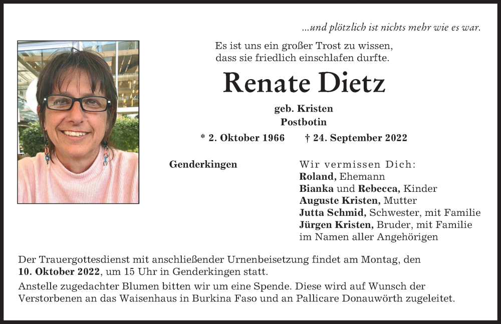  Traueranzeige für Renate Dietz vom 30.09.2022 aus Donauwörther Zeitung