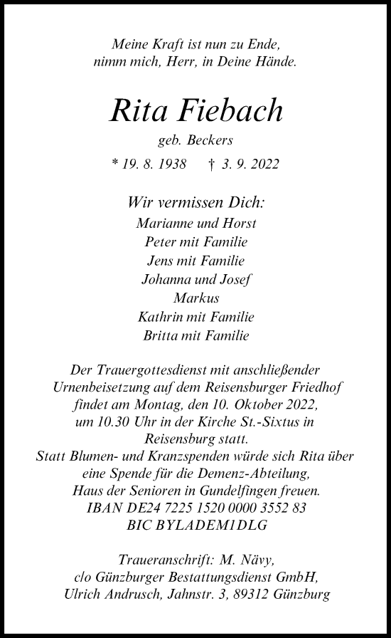 Traueranzeige von Rita Fiebach von Günzburger Zeitung