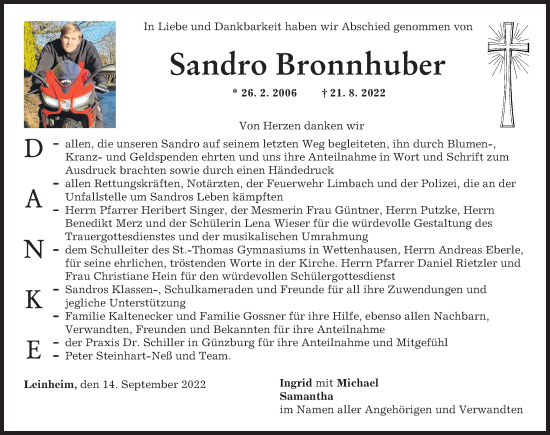 Traueranzeige von Sandro Bronnhuber von Günzburger Zeitung