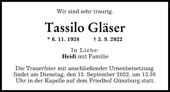 Traueranzeige von Tassilo Gläser von Günzburger Zeitung