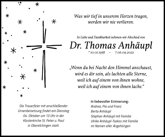 Traueranzeige von Thomas Anhäupl von Neu-Ulmer Zeitung