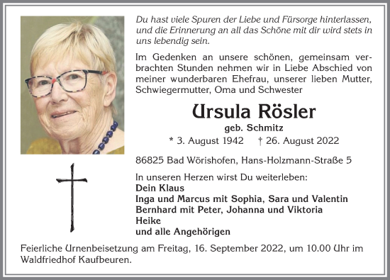 Traueranzeige von Ursula Rösler von Mindelheimer Zeitung, Augsburger Allgemeine