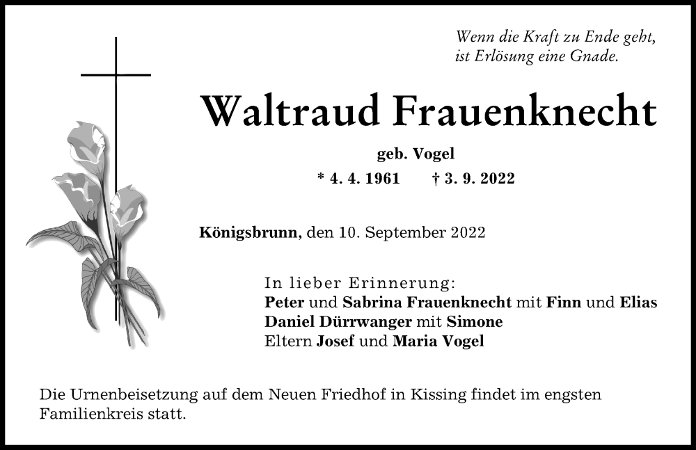  Traueranzeige für Waltraud Frauenknecht vom 10.09.2022 aus Friedberger Allgemeine, Schwabmünchner Allgemeine