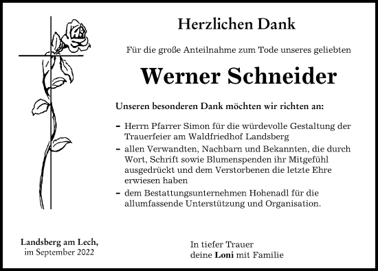 Traueranzeige von Werner Schneider von Landsberger Tagblatt