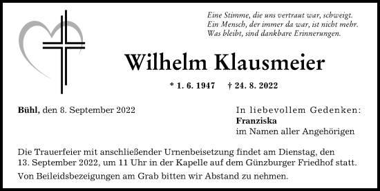 Traueranzeige von Wilhelm Klausmeier von Günzburger Zeitung