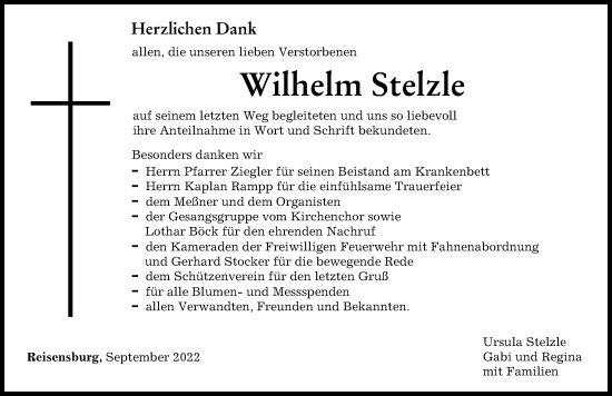 Traueranzeige von Wilhelm Stelzle von Günzburger Zeitung