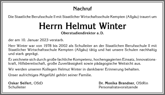 Traueranzeige von Helmut Winter von Allgäuer Zeitung,Kempten