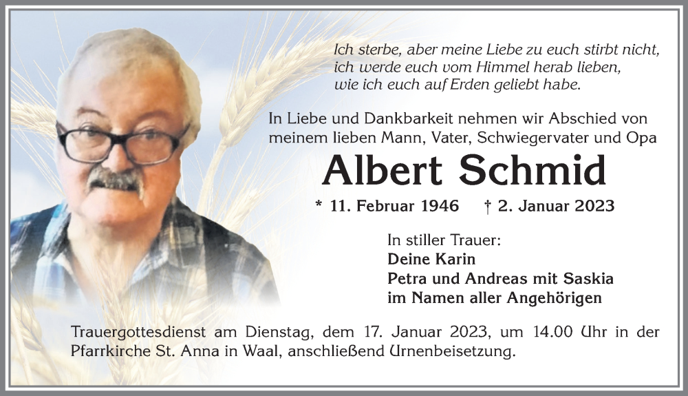  Traueranzeige für Albert Schmid vom 14.01.2023 aus Landsberger Tagblatt